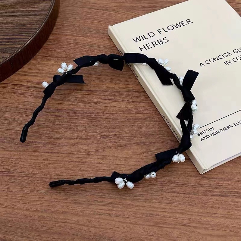 Băng Đô Cài Tóc Hình Nơ Phối Lưới Đính Ngọc Trai Trắng Đen Lãng Mạn Thời Trang Cho Nữ Mã 2023