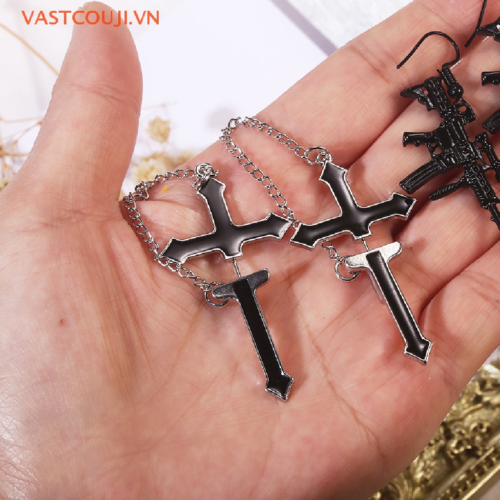 Khuyên Tai Chuỗi Dài Mặt Thánh Giá Màu Đen Phong Cách Vintage