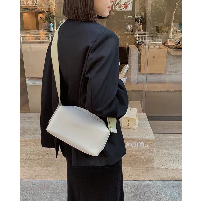 Túi Đeo Chéo Da PU Phối Vải Canvas Mềm Dây Bản Rộng Màu Sắc Tương Phản Thời Trang Mùa Hè Cho Nữ