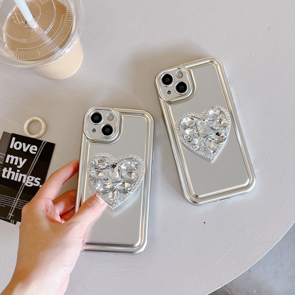 Ốp Điện Thoại TPU Mềm Chống Rơi Mạ Điện Họa Tiết Trái Tim Đính Đá Đơn Giản Cho iPhone 14 13 12 11 PRO MAX Đứng