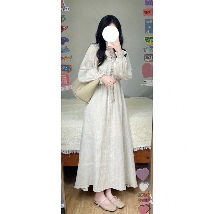Đầm Dài Vải Lanh Cotton Tay Phồng Cổ Chữ v Phong Cách Retro Pháp