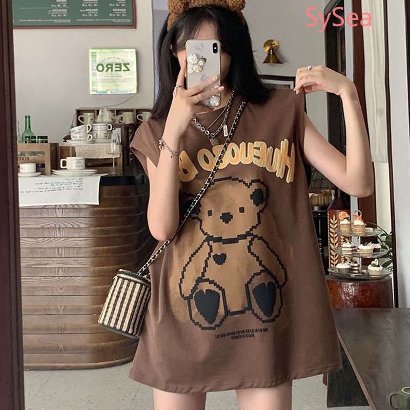 Áo Hai Dây Dáng Rộng Họa Tiết Gấu Hoạt Hình Thời Trang Mùa Hè