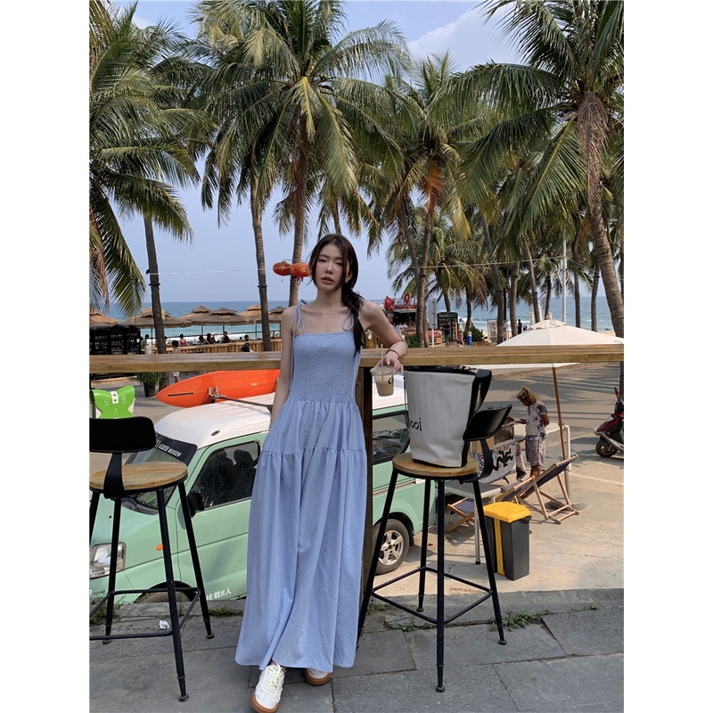 SUXI Đầm Hai Dây Dáng Dài Màu Sắc Trơn Thời Trang Mùa Hè Phong Cách Hàn Quốc Cho Nữ