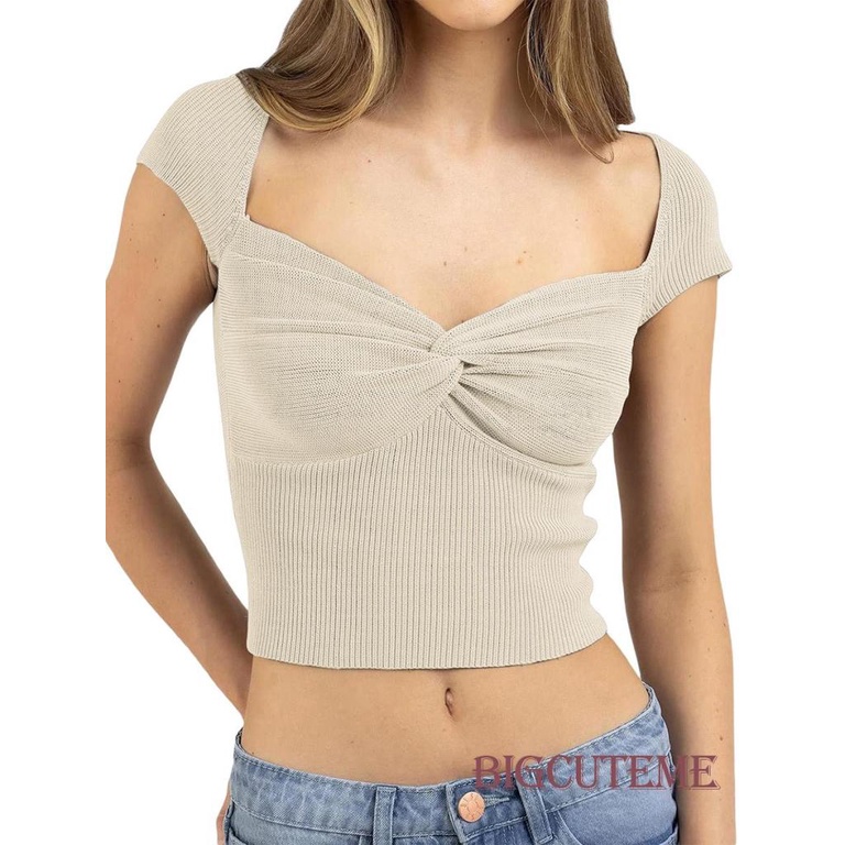 [] Áo Thun Dệt Kim Ngắn Tay Màu Trơn Cổ Xoắn Phía Trước Cho Nữ