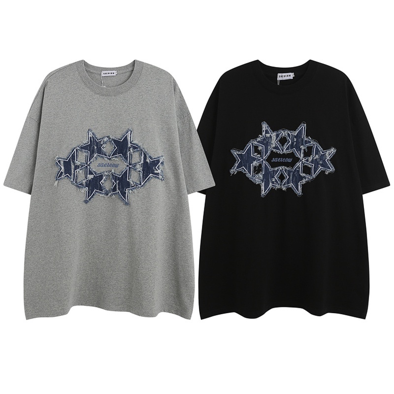 Áo Thun Denim Tay Ngắn Dáng Rộng Thêu Hình Ngôi Sao Phong Cách Harajuku Hàn Quốc Thời Trang Mùa Hè Cho Nam Và Nữ