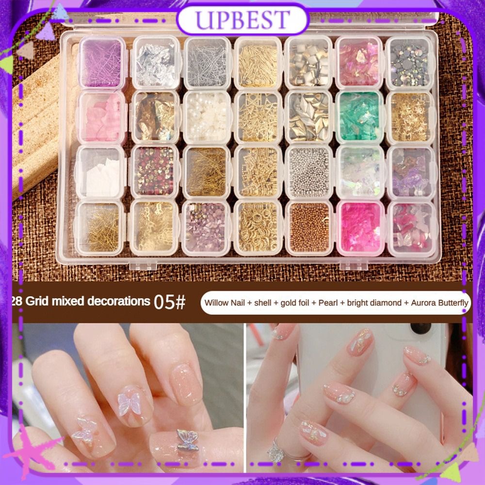 ♕28 Ô/1 Hộp Trang Sức Tăng Cường Móng Tay Hỗn Hợp Ngọc Trai Kim Cương Phẳng Nhỏ Siêu Lấp Lánh Công Cụ Trang Trí Móng Nghệ Thuật Cho Tiệm Làm Móng UPBEST