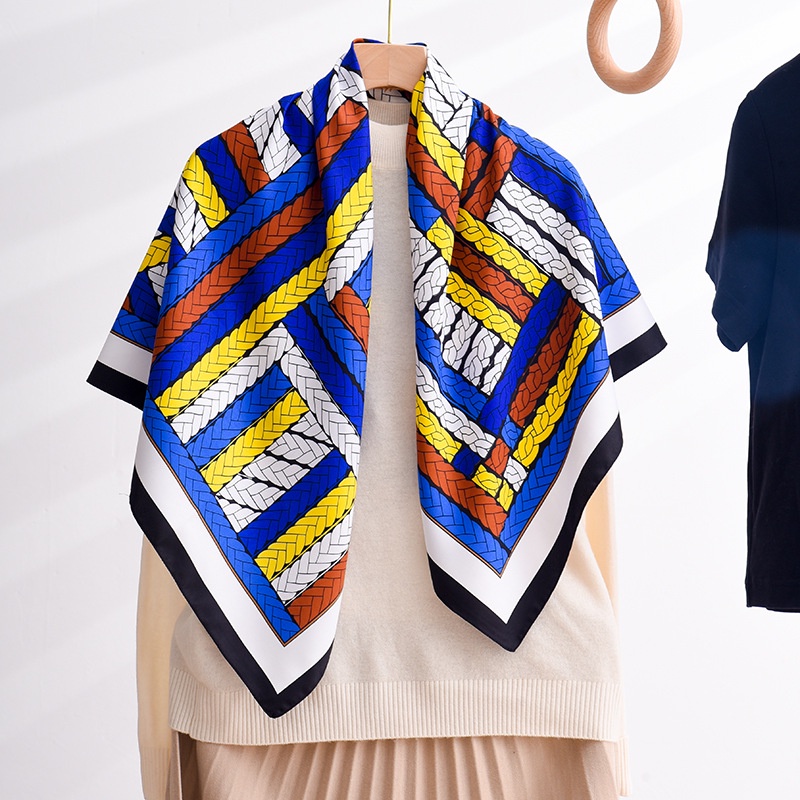 Khăn Choàng Lụa Vuông 90 * 90cm Chống Nắng In Họa Tiết Màu Tương Phản Thời Trang