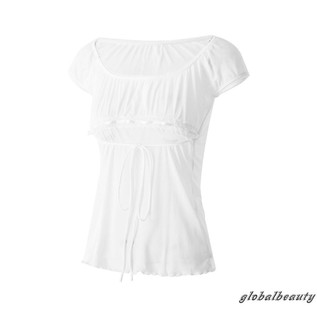 Áo Thun Trễ Vai Phối Ren Hoa Và Dây Rút Gợi Cảm Cho Nữ