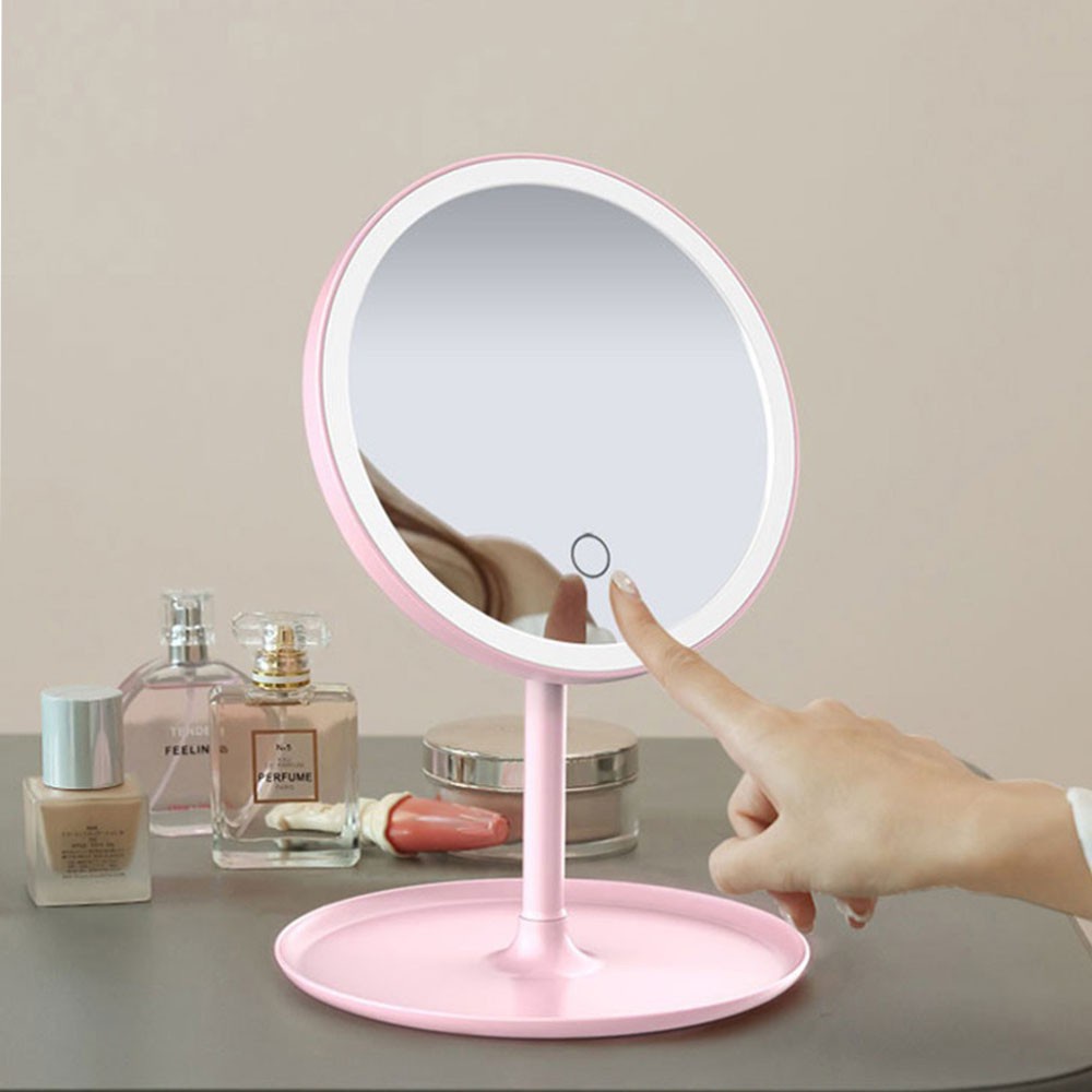 Gương Trang Điểm Gương Soi Để Bàn Có Đèn Led Cảm Ứng 3 Chế Độ Sáng Kèm Sạc Tích Điện, Độ Nét Cao, Có Để Đựng Phụ Kiện