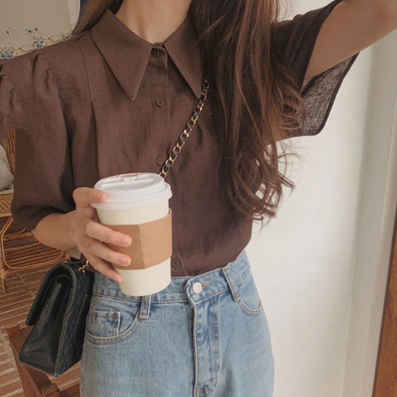 Áo Sơ Mi Tay Phồng Ngắn Màu Nâu Thời Trang Mới Cho Nữ