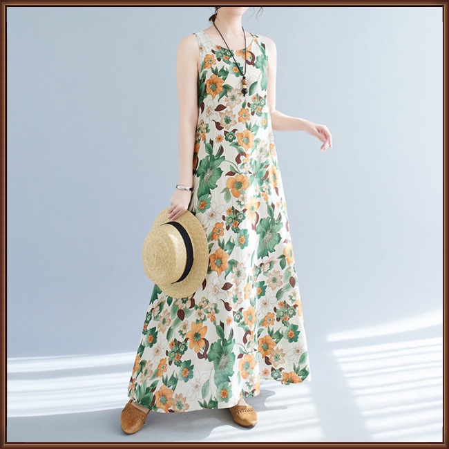 Đầm Dài Rộng Không Tay Bằng Vải Lanh Cotton In Hình Phong Cách Bohemian Thời Trang Mùa Hè Dành Cho Nữ