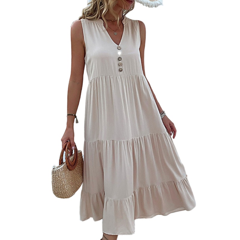 Đầm Dáng Suông Không Tay Cổ Chữ V Eo Cao Màu Trơn Thích Hợp Mặc Hàng Ngày