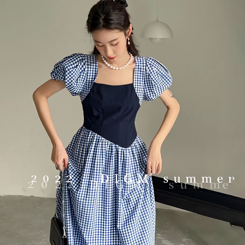 Đầm Công Chúa Dáng Ôm Cao Cấp Tay Phồng Kẻ Sọc Caro Phong Cách Hepburn Pháp Cổ Điển Ngọt Ngào Cao Cấp Thời Trang Mùa Hè