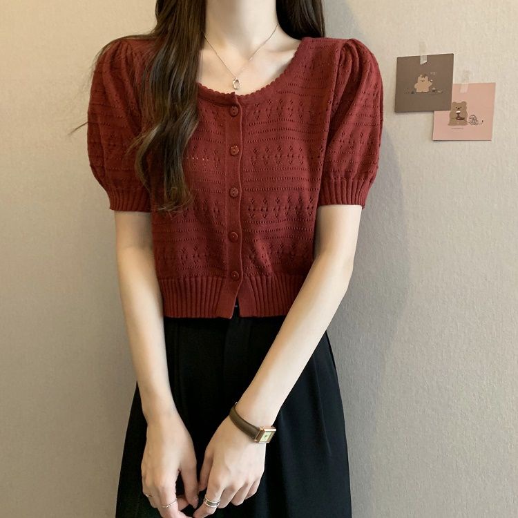 Áo Cardigan Dệt Kim Tay Ngắn Phồng Thời Trang 2023 Cho Nữ
