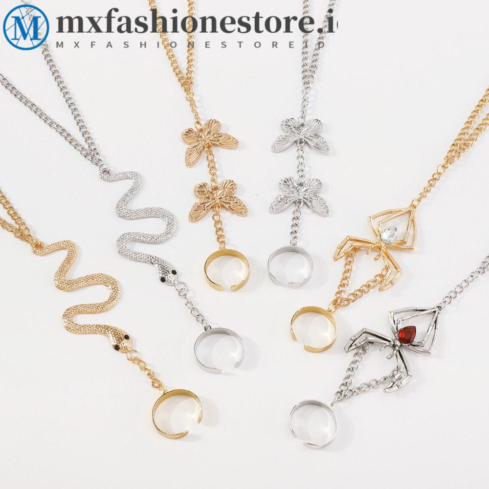 Mxfashionestore Vòng Tay Phong Cách Gothic Hàng Ngày Hình Bướm Rắn Kèm Nhẫn Và Dây Xích Độc Đáo|Nhẫn Đeo Tay Hợp Kim Phong Cách Hàn Quốc