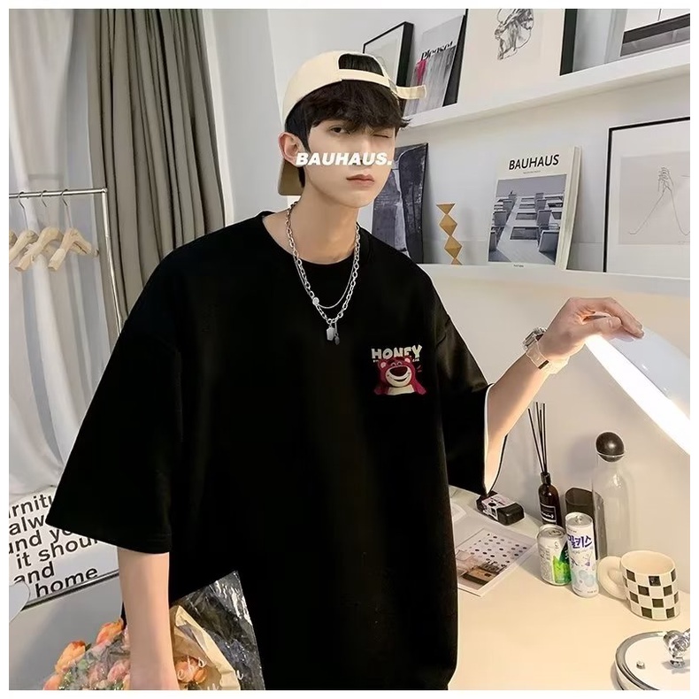 Áo Thun Tay Ngắn Cổ Tròn In Hình Gấu Hồng Thời Trang Mùa Hè 2 Màu Tùy Chọn Kích Thước M-8XL Phong Cách Hàn Quốc Cho Nam