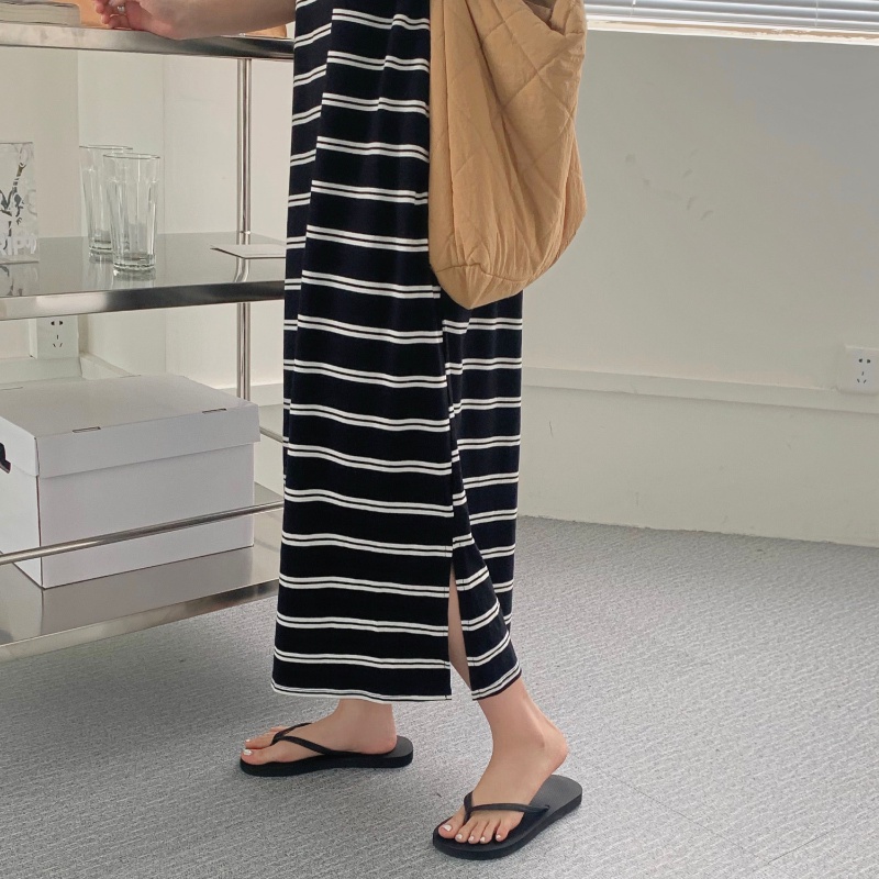 COZOK Váy Ngắn Tay Dáng Rộng Họa Tiết Sọc Thời Trang