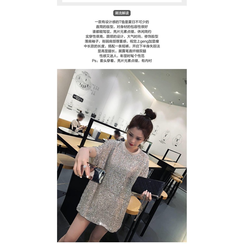 Áo Thun Tay Lỡ Dáng Rộng Đính Kim Sa Lấp Lánh Phong Cách Hàn Quốc Thời Trang Xuân Hè