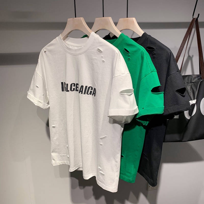 Japanese Fashion Brand Letter Printed Ripped Model Top Short-Sleeved Cotton T-shirt Men's Summer Youth Cool T-shirt Handsome 2DwB