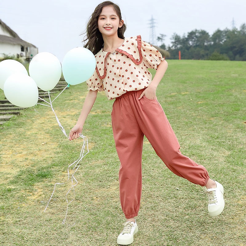 Bộ Đồ Thể Thao Áo Sơ Mi Tay Ngắn Cổ Búp Bê Chấm Bi Cà Vạt + Quần Dài Thời Trang Mùa Hè 2023 Mới Cho Bé Gái