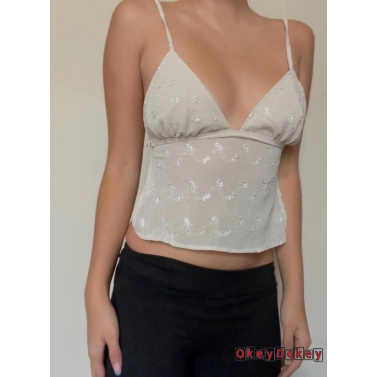 Áo Croptop Không Tay Cổ Chữ V Phối Ren Hở Lưng Cho Nữ