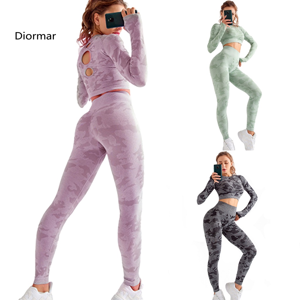 Set Đồ Tập Yoga 2 Món Áo Croptop Tay Dài + Quần Dài Cạp Cao Không Đường May Cho Nữ