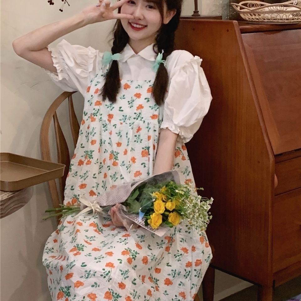 Set Áo Sơ Mi Trắng Ngắn Tay Phồng + Đầm Hai Dây Họa Tiết Hoa Thời Trang Mùa Hè Cho Nữ