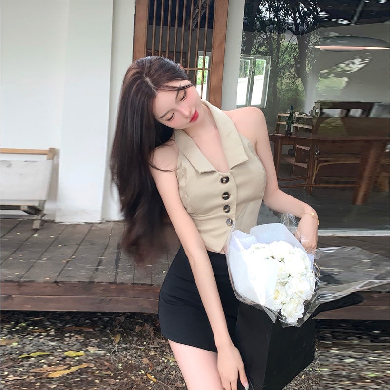 [F &amp; X ' Cá tính Sling Phong cách Hot Girl Camisole Áo Vest nhỏ của phụ nữ Mùa hè Ngọt ngào dây cổ ôm vừa vặn và mỏng eo ngắn trên cùng Quần váy ngắn gợi cảm