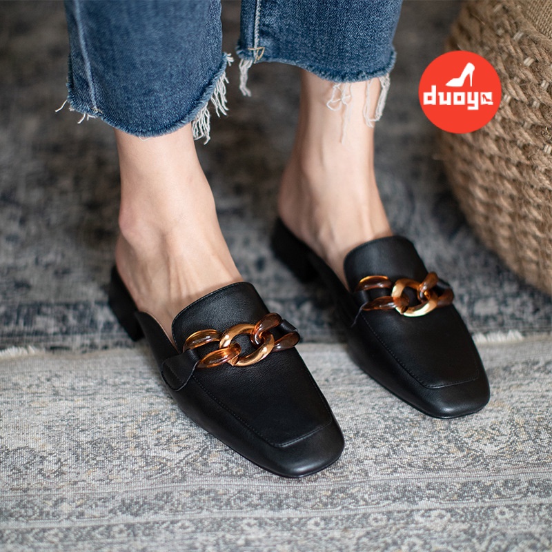 Duoya Tóc Thẳng ~ [Hàng Có Sẵn] Giày Sandal Gót Dày Vừa Mũi Vuông Có Khóa Kim Loại Thời Trang Mùa Hè Cho Nữ