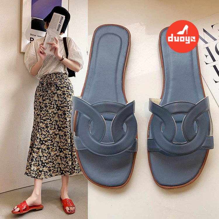 Duoya Dép Cao Su PU Gót Thấp 3cm Màu Trơn