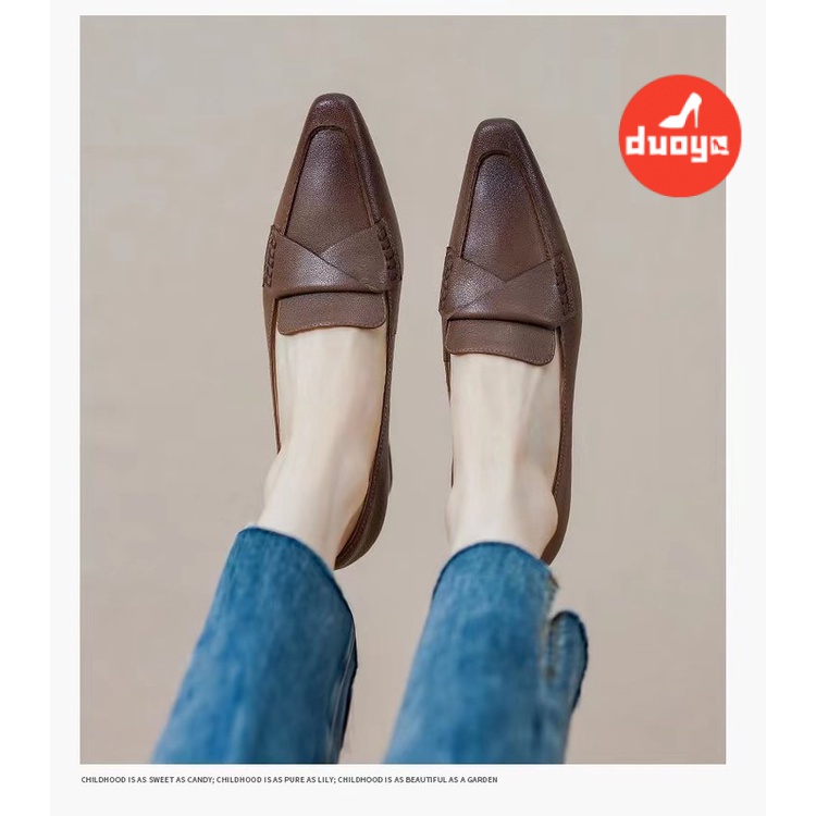 Tóc Duoya Thẳng ~ [Hàng Có Sẵn] Giày Búp Bê Mũi Vuông Đế Mềm Phẳng Gót Thấp Phối Màu Khóa Kim Loại Hợp Thời Trang Cho Nữ (3cm) Giày Cao Su Mũi Nhọn Thời Trang Thanh Lịch Cho Nữ