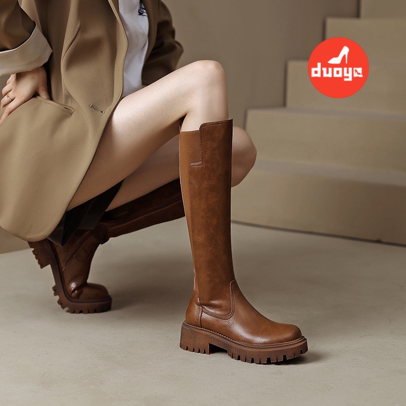 Duoya Tóc Thẳng ~ [Hàng Có Sẵn] Giày Bốt Da Mềm Đế Dày Màu Nâu Mỏng Vừa Vặn Phong Cách Retro Anh Quốc Cho Nữ