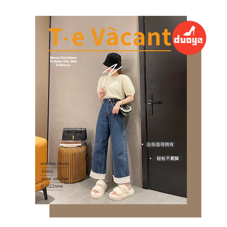 Dép Bông Đi Trong Nhà Hàng Duoya Đế Dày Phẳng Dày Dặn Phối Lông Thỏ Màu Đen Thời Trang Thu Đông Hàn Quốc 2022 Dành Cho Bạn Nữ