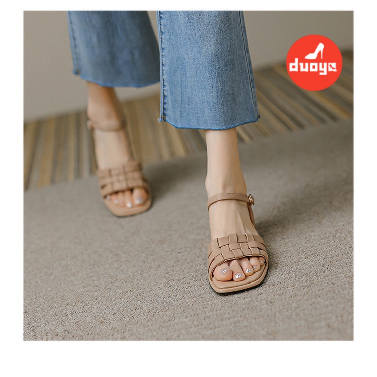 Duoya Tóc Thẳng ~ [Hàng Có Sẵn] Giày Sandal Hở Ngón Đế Dày Dây Da Mềm Mại Phong Cách Roman Mùa Hè Dễ Phối Đồ Cho Nữ Miễn Phí Vận Chuyển
