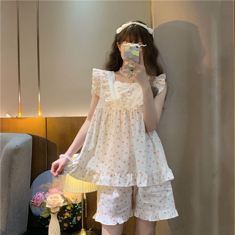 Bộ Đồ Ngủ Áo Không Tay Phối Bèo Lá Sen + Quần Short In Hoa Dễ Thương Thời Trang Mùa Hè Cho Nữ