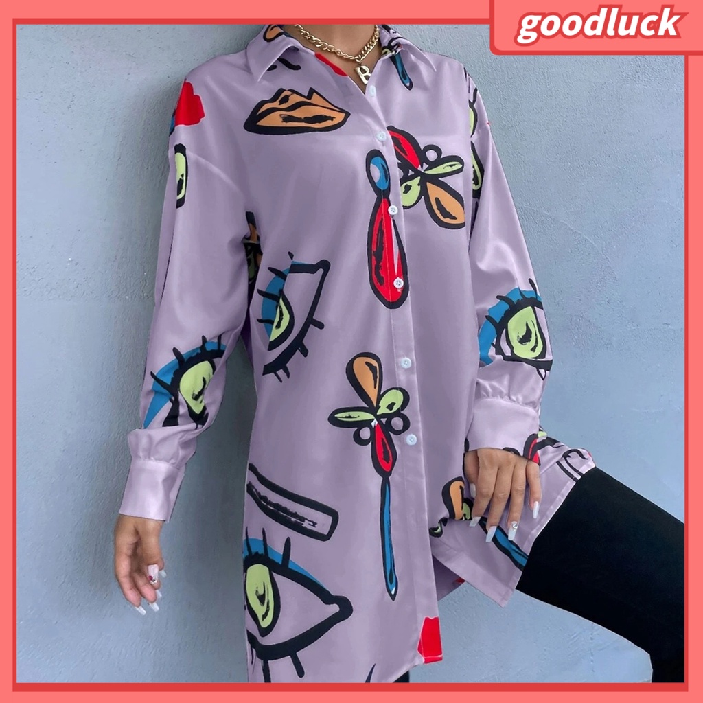 [ULK] Áo Sơ Mi Dài Tay Một Hàng Nút In Hình Đôi Mắt Thời Trang Dài Ngang Bắp Chân Cho Nữ