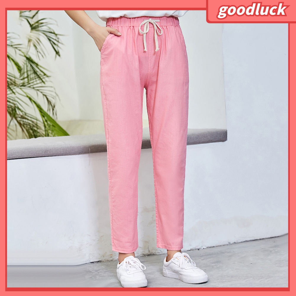 Quần Harem Vải Lanh Màu Trơn Dáng Rộng Có Túi Dây Rút Dành Cho Nữ