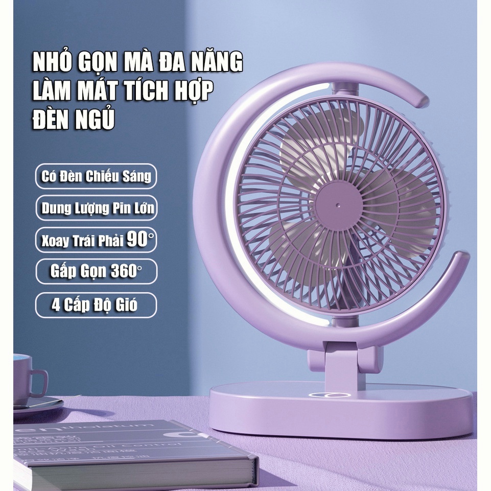 Quạt để bàn tích điện Quạt điện gấp được Quạt sạc USB 4 cấp độ gió đèn bánh răng thứ ba xoay trái phải 90° mặt trăng