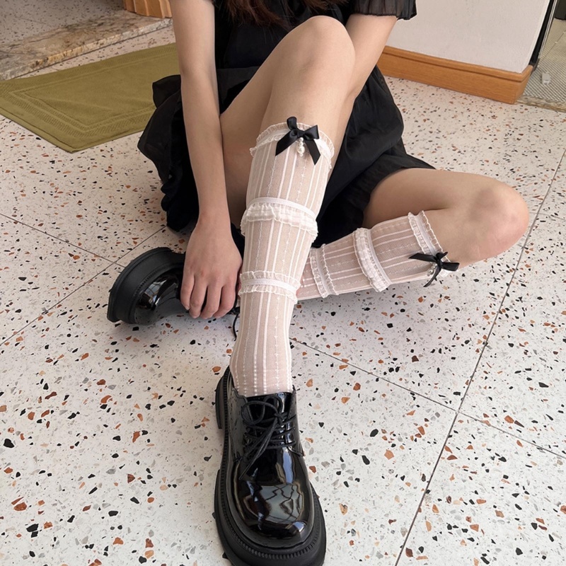 XIXI Tất Lưới Dài Qua Gối Đính Nơ Thời Trang Nữ Tính