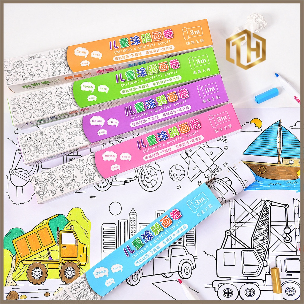 Tranh Tập Tô Màu Cho Bé, Tranh Màu Tô Có Thể Dán Tường Dài 3M Rộng 30 cm Họa Tiết Dễ Thương