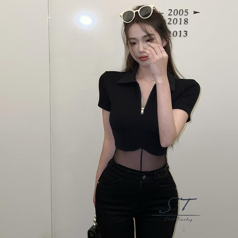 Bộ Áo Liền Quần Tay Ngắn Màu Trơn Phối Lưới Xuyên Thấu Có Khóa Kéo CY03 Thời Trang Cho Nữ