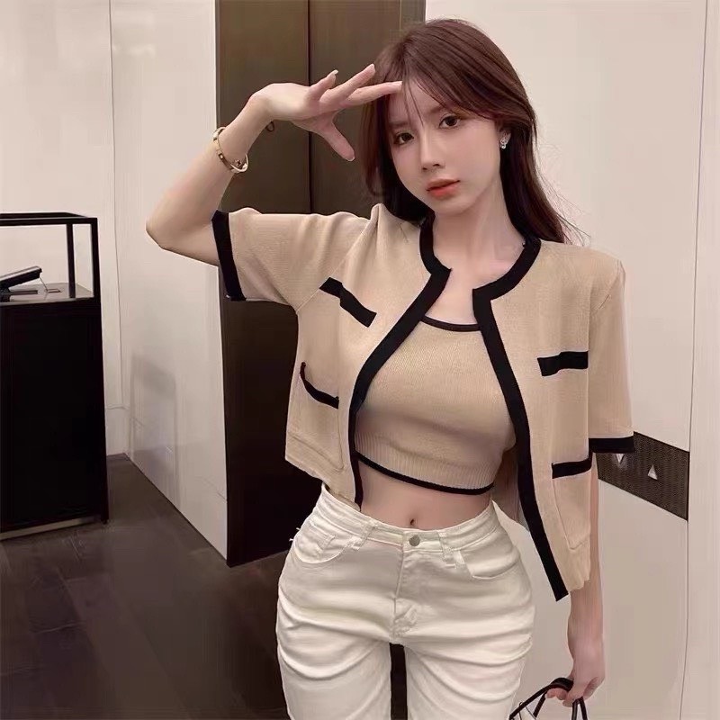 Áo Cặp Thun Gân Áo Ba Lỗ Viền Màu Kết Hợp Áo Khoác Ngoài Ngắn Tay TTSLA1192