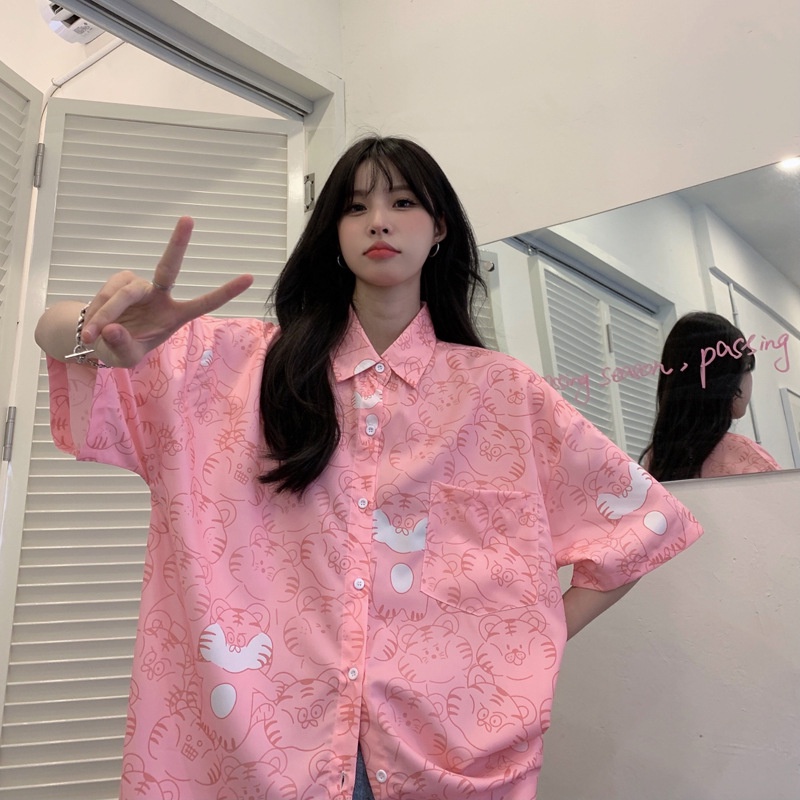 Áo Sơ Mi Tay Ngắn Dáng Rộng Họa Tiết In Phong Cách Hong Kong Cá Tính