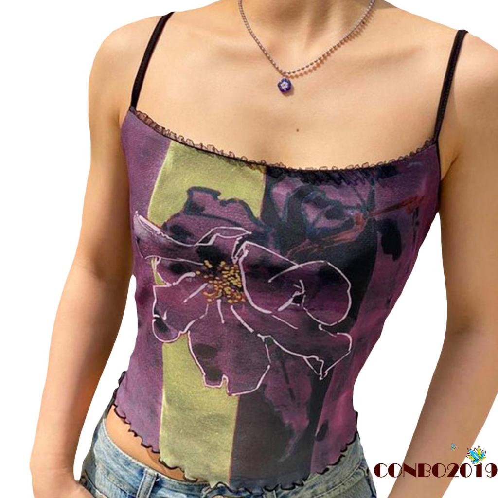 Áo Tank Top Hai Dây Hở Lưng Họa Tiết Hoa Màu Sắc Tương Phản Dành Cho Nữ