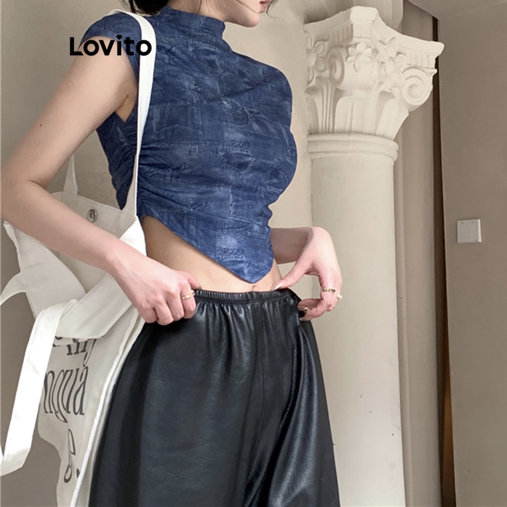 Áo thun Lovito tay ngắn họa tiết màu trơn thường ngày cho nữ LNA08092 (màu xanh dương)