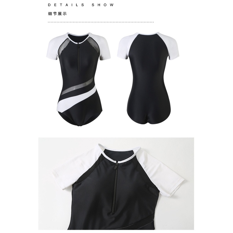 Đồ Bơi Một Mảnh Cổ Tròn Có Khóa Kéo Màu Tương Phản Phong Cách Mới Cho Nữ