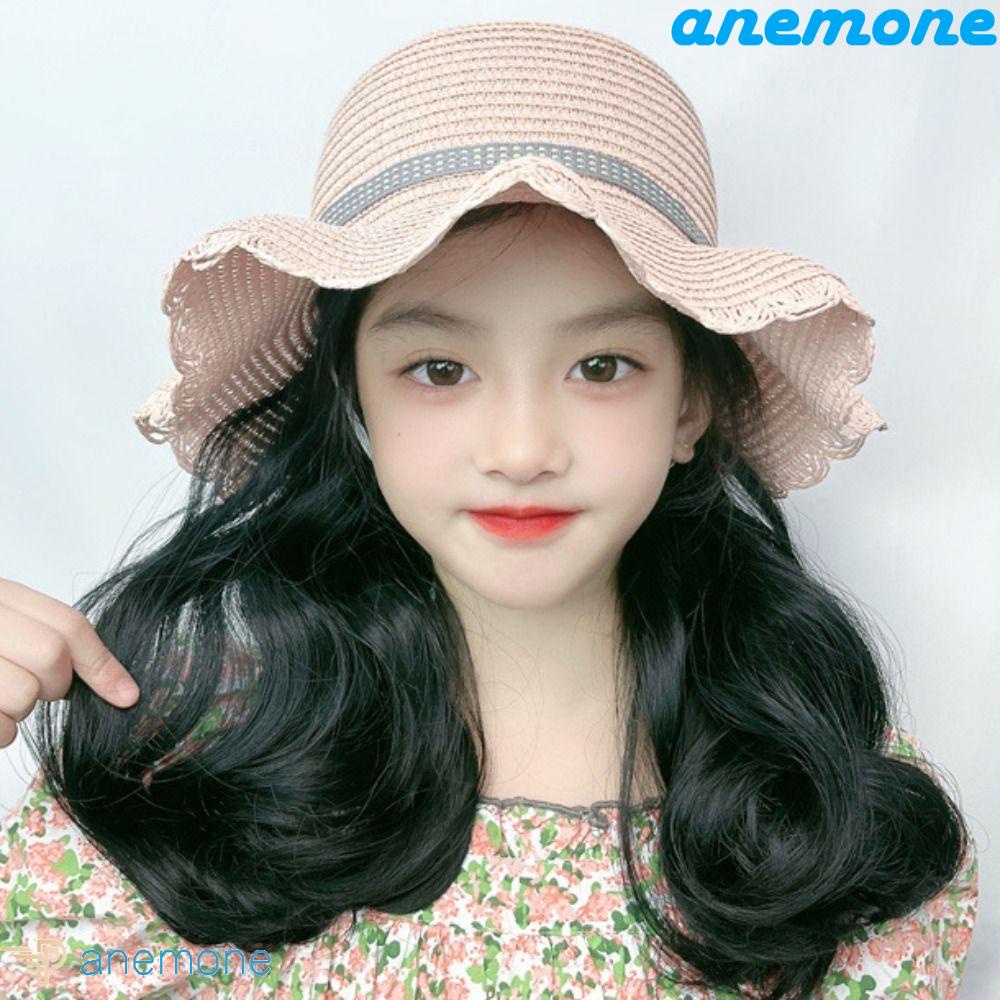 Nón Tai Bèo Kèm Tóc Giả Dài Màu Đen Bằng Sợi Tổng Hợp Thời Trang Xuân Hè Dành Cho Trẻ Em