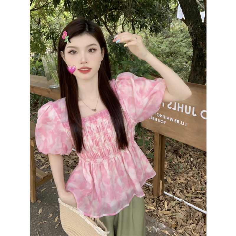 Áo Kiểu Tay Ngắn Cổ Vuông In Họa Tiết Hoa Thời Trang Mùa Hè Xinh Xắn Cho Nữ