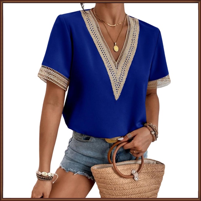 Áo Thun 100% Polyester 2023 Tay Ngắn Cổ Chữ V Phối Ren Dáng Rộng Cho Nữ