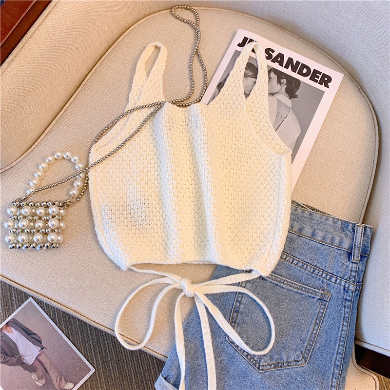 Áo Hai Dây Dệt Kim Dáng Ngắn Thời Trang Mùa Hè 2023 Cho Nữ Lưng